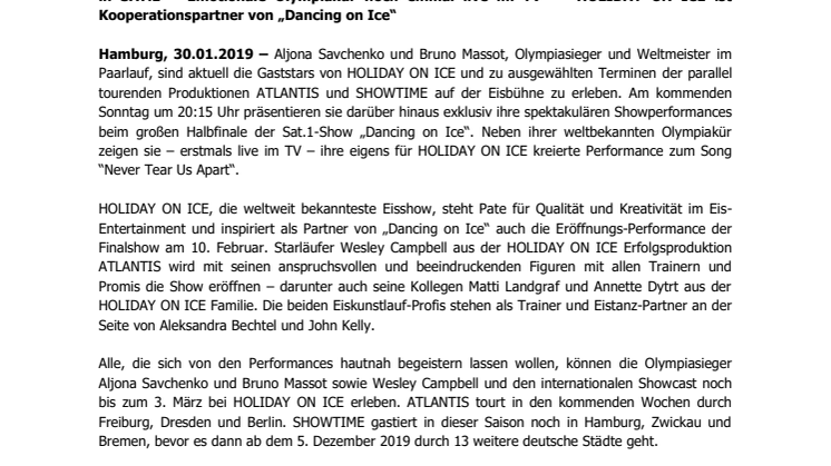 Update: Olympiasieger und HOLIDAY ON ICE Gaststars Aljona Savchenko und Bruno Massot performen live beim “Dancing On Ice“ Halbfinale am 3. Februar 