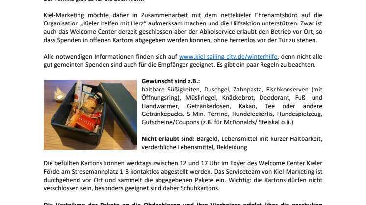 Kiel-Marketing unterstützt Winterhilfe für Obdachlose und ihre Vierbeiner 
