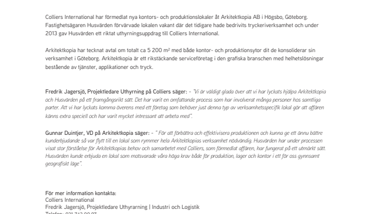 Colliers förmedlar nya lokaler till Arkitektkopia