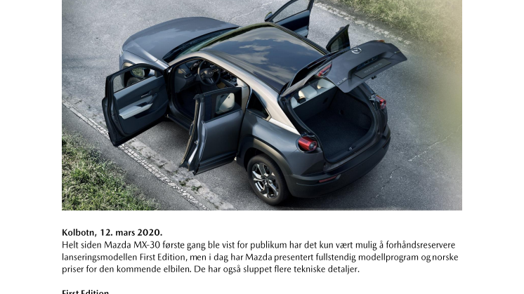 Mazda MX-30: Modellprogram og priser