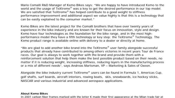Kemo Bikes release frame featuring TeXtreme® Technology