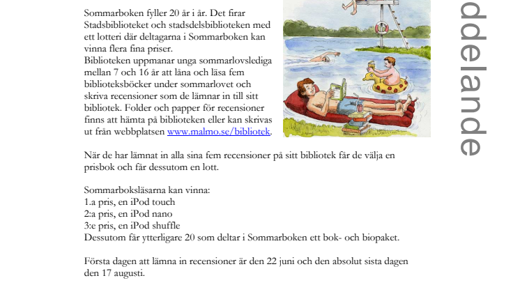 Stadsbiblioteket och stadsdelsbiblioteken i Malmö: "Sommarboken" fyller 20 år och firar med lotteri