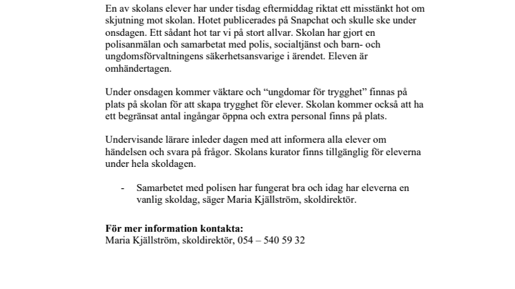 Trygghetsarbete med anledning av hot på Norrstrandsskolan
