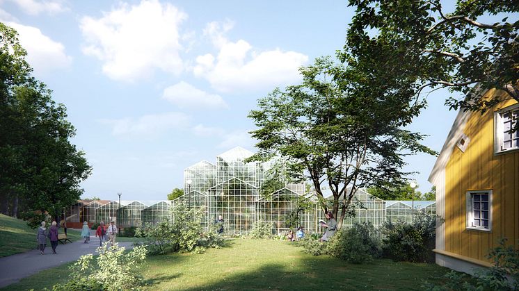 Bygglov för nybyggnad av växthus och besökscenter samt rivning av befintliga växthus på Änggården. Illustration: Cobe