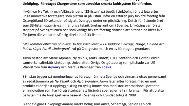 Syndigate från Umeå och Chargestorm från Linköping klara för entreprenörslistan 33-listan