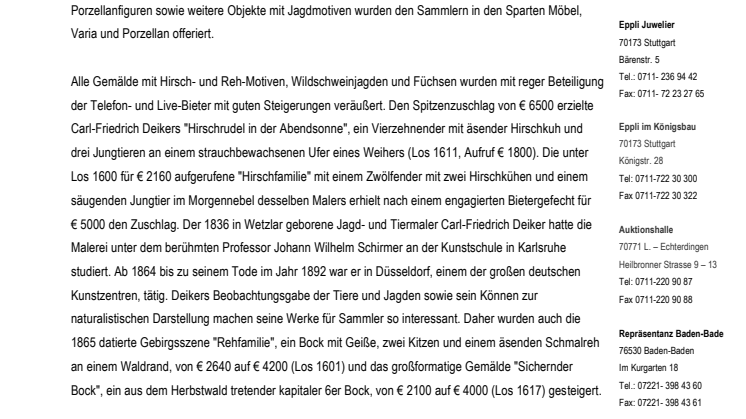 Auktionshaus Eppli erzielt Bestpreise zum Thema „Jagd“