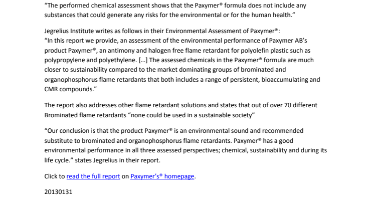 Paxymer “a big step closer to a sustainable society” states 3rd party audit