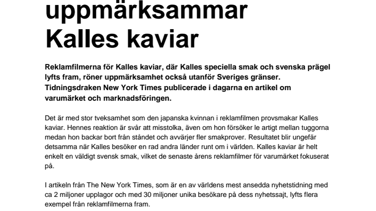 New York Times uppmärksammar Kalles Kaviar