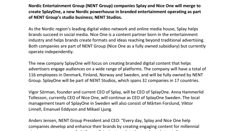 Splay and Nice One to become SplayOne