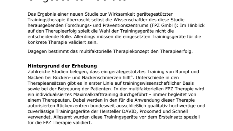 Neue FPZ Studie zur gerätegestützten Trainingstherapie: Gesamtkonzept für den Therapieerfolg wichtiger als die eingesetzten Geräte