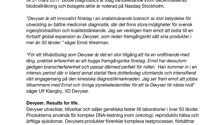Devyser utser Ernst Westman till ny styrelseordförande