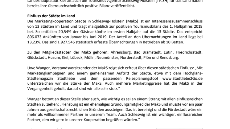 13 Städte in Schleswig-Holstein verbuchen einen Anteil von 20,5% der Gästeankünfte im Land für sich