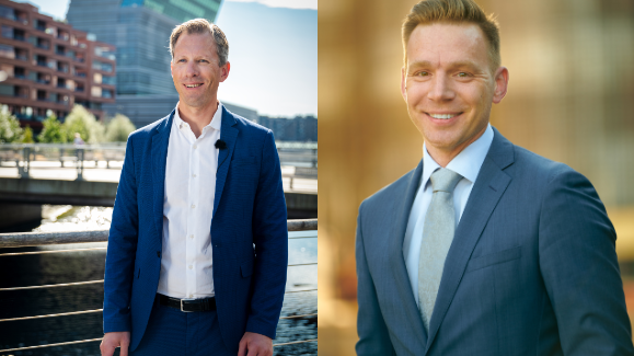 Kjartan Brurås Solvi, administrerende direktør i Unimicro, og Runar Leite, administrerende direktør i Azets Norge