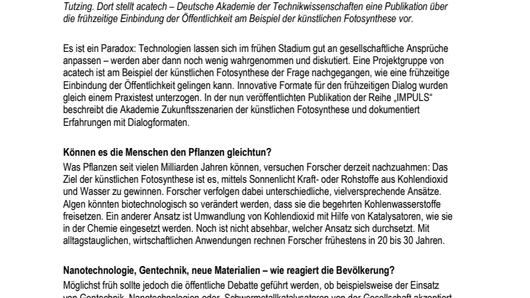 Künstliche Fotosynthese: Wie kommen neue Technologien frühzeitig in die öffentliche Diskussion?