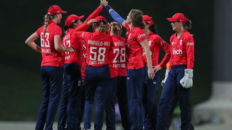 England Women celebrate at the Sir Vivian Richards Stadium, Antigua. CREDIT: CWI Media 