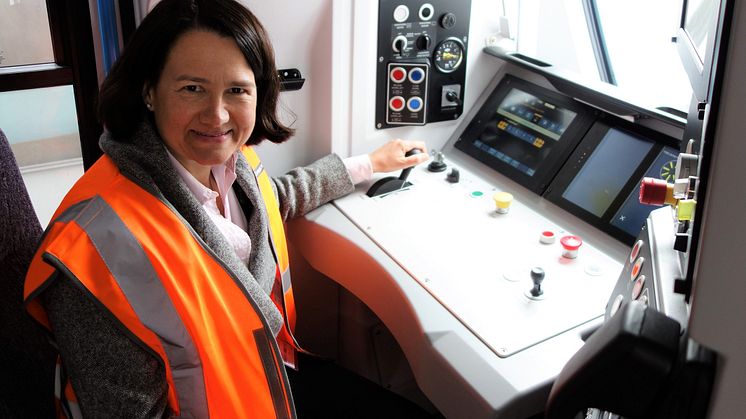 In the driving seat - Catherine West MP tries out the driver's cab of a new Moorgate train