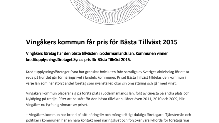 Vingåkers kommun får pris för Bästa Tillväxt 2015