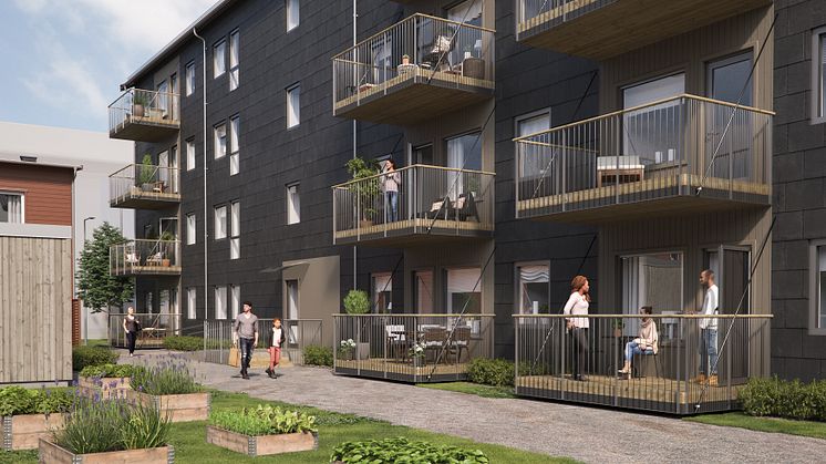 Illustration av gårdssida med balkonger och gemensam grönyta, BoKlok Diamanten, Bäckby, Västerås. 