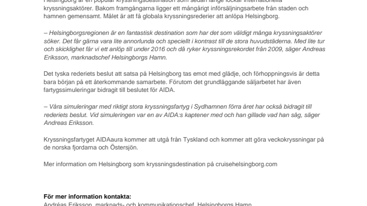​Kryssningsrekord i sikte och premiär för Aida Cruises till Helsingborg
