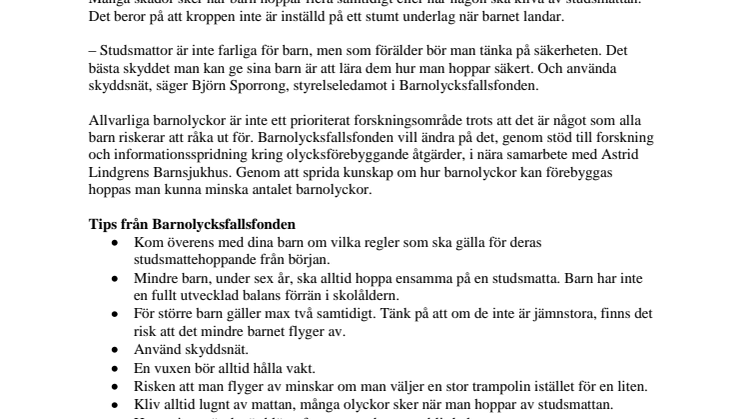Barnolycksfallen ökar i samband med ökat antal studsmattor