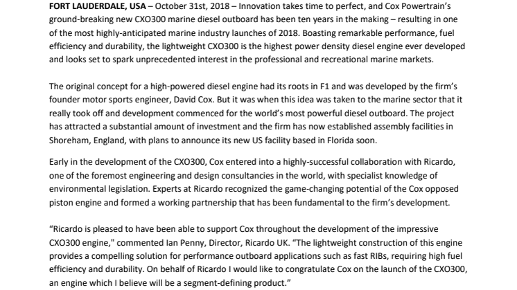 Fort Lauderdale International Boat Show - Cox Powertrain: Cox Powertrain's Collaboration with Ricardo Fundamental to its Success