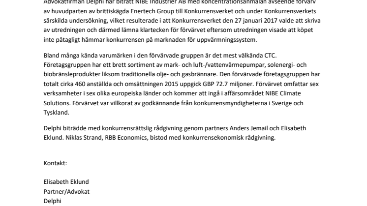 Delphi har biträtt NIBE Industrier AB (publ) att få godkännande av Konkurrensverket i fas II/särskild undersökning för förvärv av huvudparten av Enertech Group 