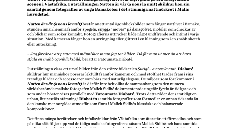 Ny utställning: Fatoumata Diabaté, Natten är vår (a nous la nuit) öppnar 10/10 på Marabouparken konsthall