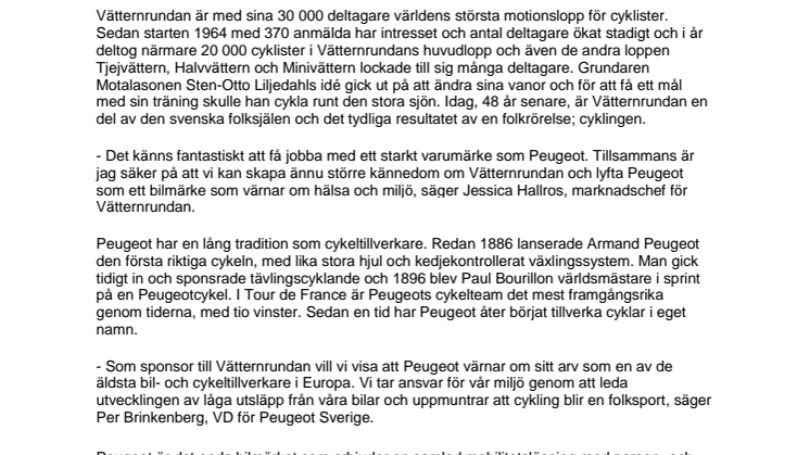 Peugeot är huvudsponsor för Vätternrundan 2013