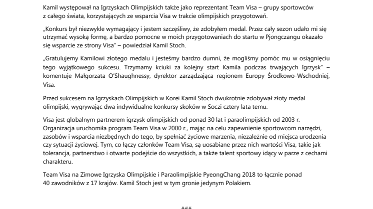 Visa gratuluje Kamilowi Stochowi złotego medalu na Igrzyskach Olimpijskich PyeongChang 2018