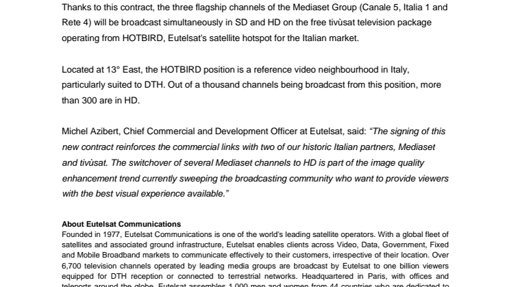 ​Mediaset launches three of its HD channels on HOTBIRD, Eutelsat's flagship video position in Italy