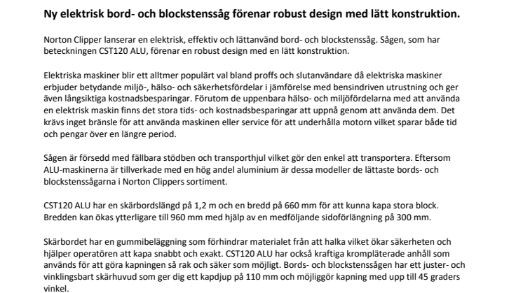 Ny elektrisk bord- och blockstenssåg förenar robust design med lätt konstruktion