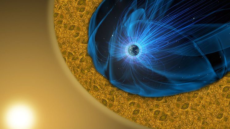 Jorden omringas av en magnetisk bubbla, magnetosfären (blå). När den träffas av laddade partiklar från solen, solvinden, uppstår ett turbulent skikt (gult). MMS studerar dessa processer. Bild: NASA Goddard Space Flight Center/Mary Pat Hrybyk-Keith