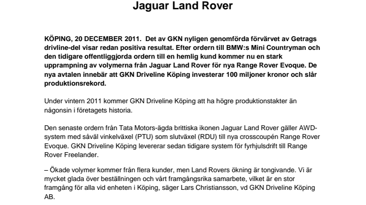 GKN Driveline Köping AB investerar 100 miljoner i Köping efter orderökning från Jaguar Land Rover