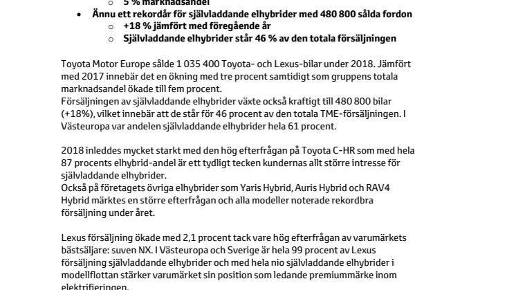 Rekordmånga självladdande elhybrider från Toyota Motor Europe under 2018