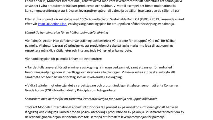Kort bakgrund om Mondelēz Internationals långsiktiga arbete för positiv förändring inom palmoljesektorn