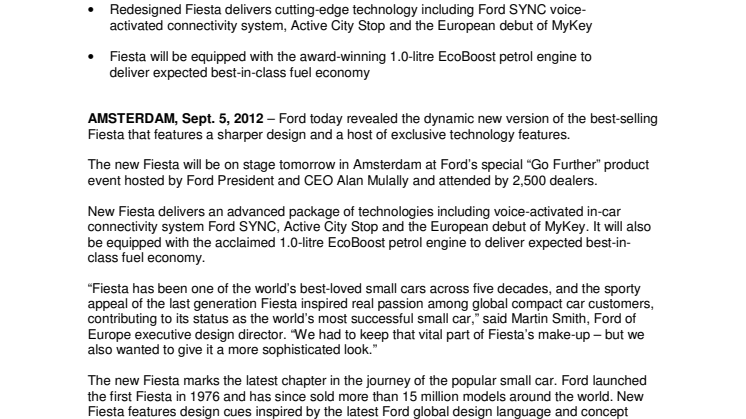 Ford Reveals Stylish New Fiesta; Advanced Technology Includes SYNC, MyKey and 1.0-litre EcoBoost Engine