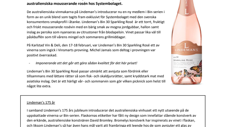 Premiär för australiensiskt rosébubbel på Systembolaget – fira in våren med nya Lindeman’s Bin 30 Sparkling rosé