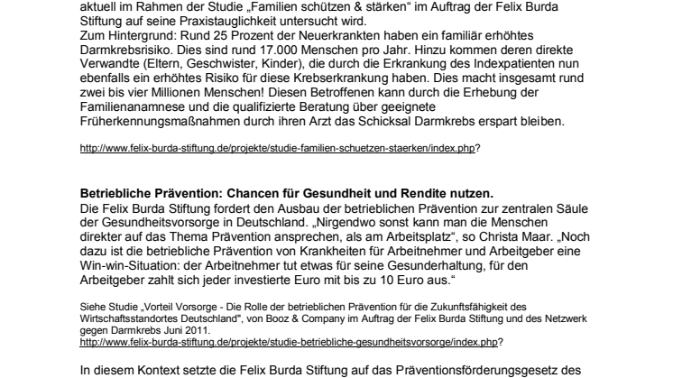 Die politischen Forderungen der Felix Burda Stiftung. Darmkrebsmonat März 2014