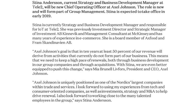 ​Stina Andersson new Chief Operating Officer at Axel Johnson