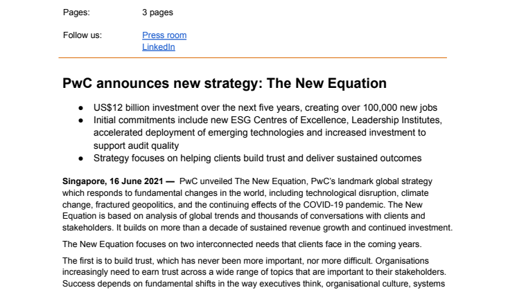 PwC announces new strategy: The New Equation