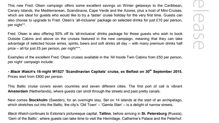 Fred. Olsen Cruise Lines launches new great-value ‘All 2015 Inside Twin Cabins only £50 per person, per night’ campaign