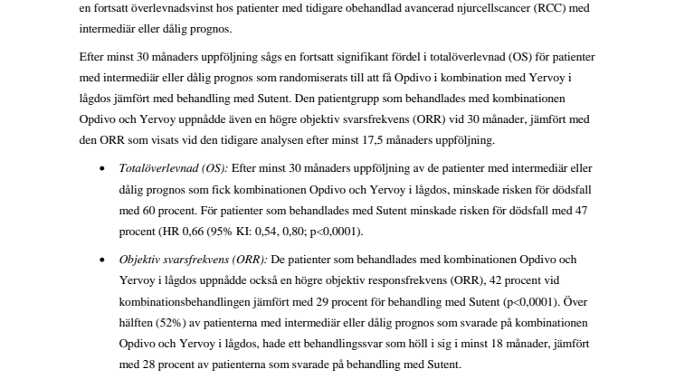 Opdivo i kombination med Yervoy i låg dos visar fortsatt överlevnadsvinst vid 30 månaders uppföljning hos patienter med tidigare obehandlad avancerad njurcellscancer