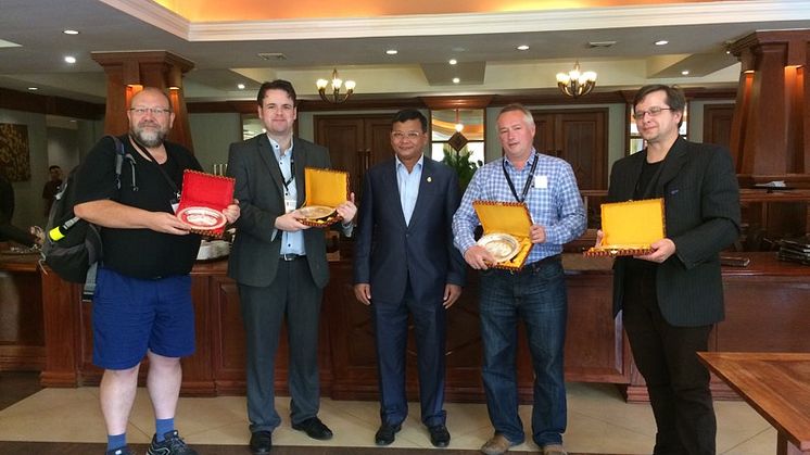 Prof. Robertus von-Fay Siebenburgen, University of Sheffield; Dr Eamon Scullion, Northumbria University; HE Dr Hang Chuon Naron, Minister for Education, Youth and Sport; Dr Viktor Fedun, Uni of Sheffield; Dr Sergiy Shelyag, Northumbria University
