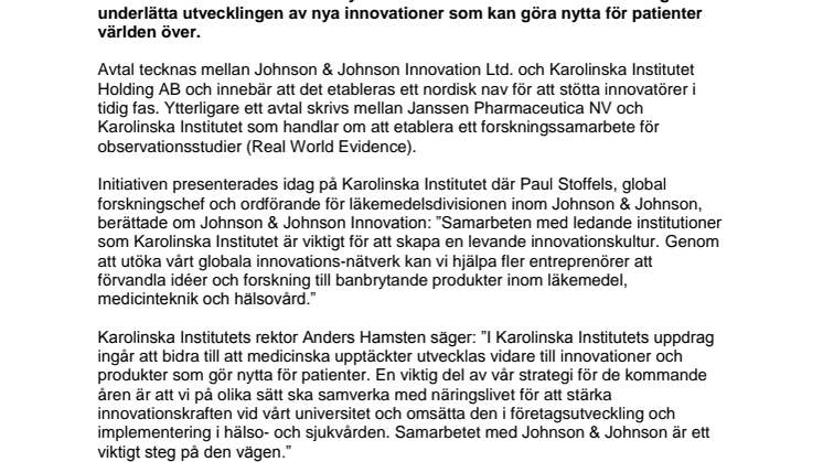 Johnson & Johnson Innovation och Janssen startar innovationsnav och forskningssamarbete med Karolinska Institutet