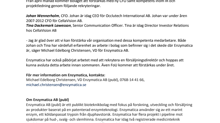 Enzymatica förstärker organisationen