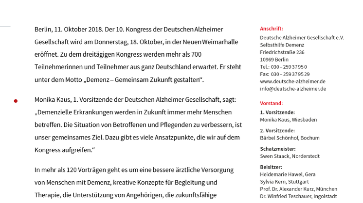 Ab 18. Oktober: 10. Kongress der Deutschen Alzheimer Gesellschaft in Weimar:  „Demenz – Gemeinsam Zukunft gestalten“