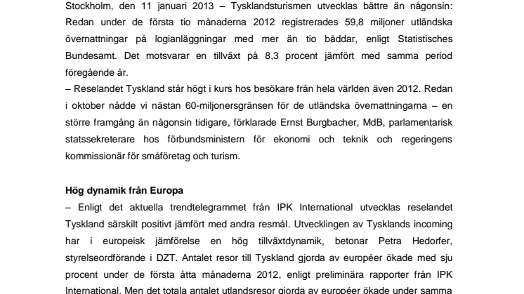 Starkt plus för Tysklands incoming under  de första tio månaderna 2012