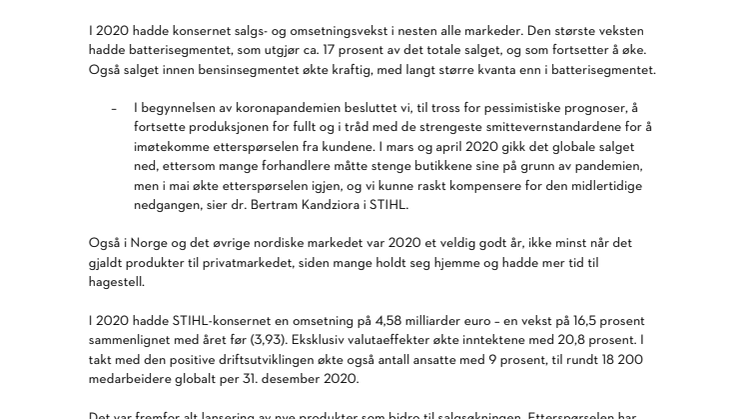 Solide tall i STIHL-konsernets årsrapport for 2020