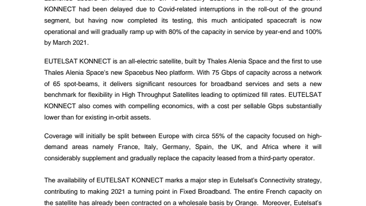 Successful entry into service of EUTELSAT KONNECT satellite 