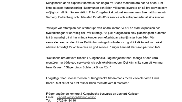 	Brion Installation & Service etablerar VS kontor i Kungsbacka